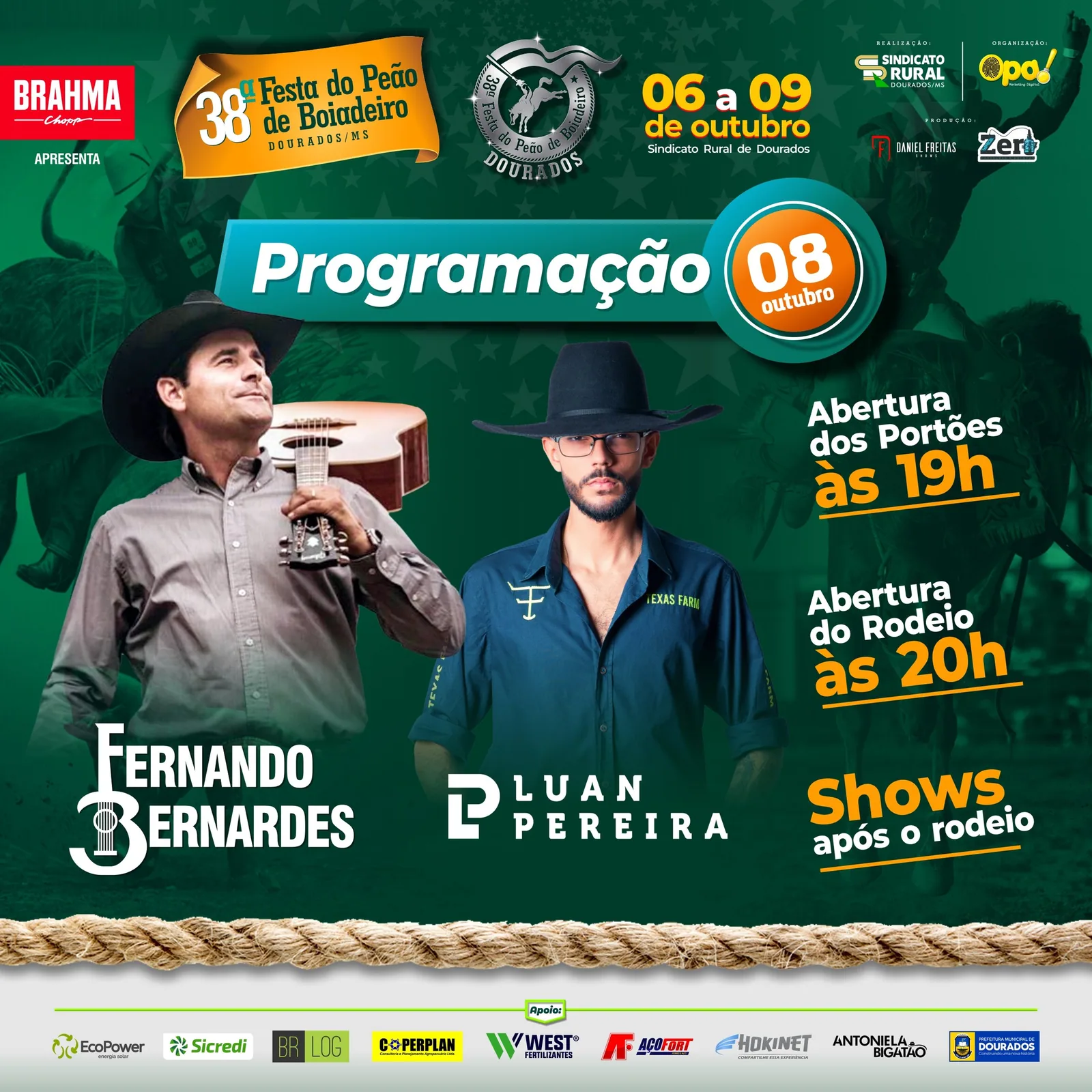 Luan Pereira e Fernando Bernardes são as atrações deste sábado após o rodeio