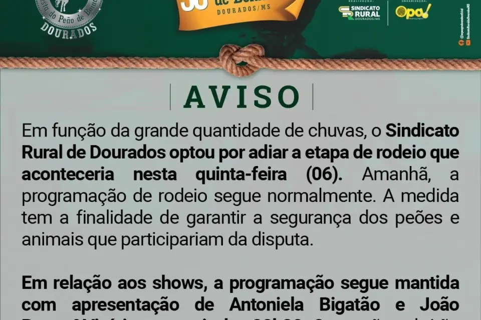 Rodeio é adiado, mas shows são mantidos; programação segue normalmente amanhã